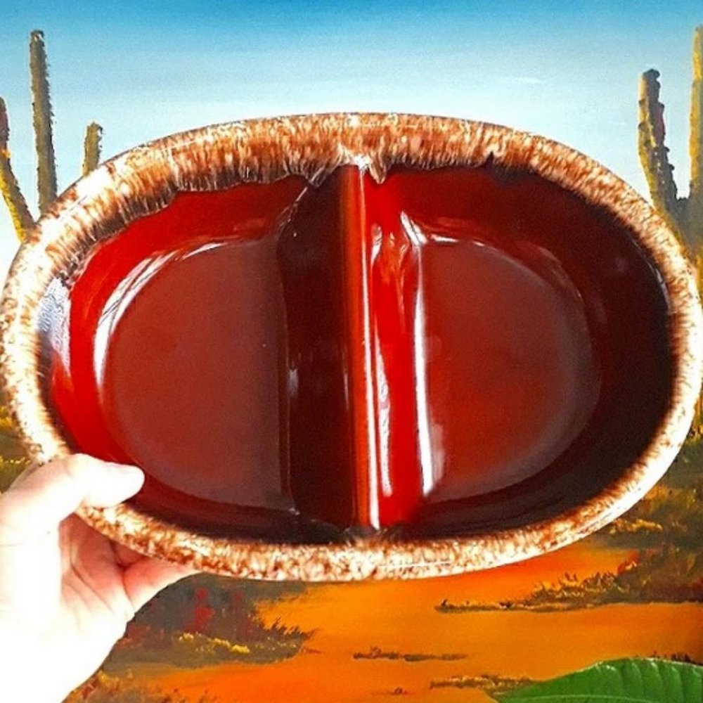 Vintage 1960-85 Hull USA Brown Drip Divided Snack Tray